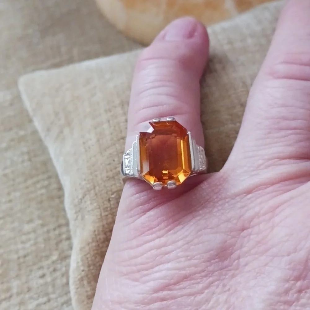 Synthetic Orange Stone Four Prong Set Silver Ring
